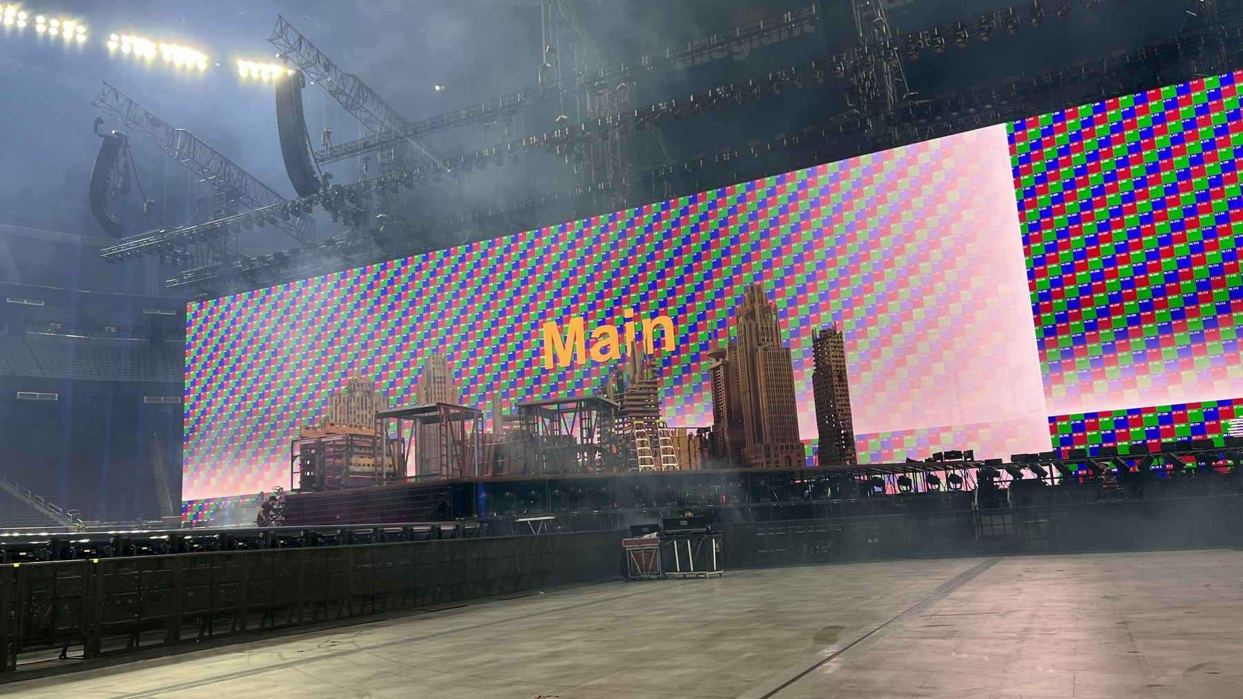 Main LED wall showing a mapping test pattern at Allegiant Stadium
