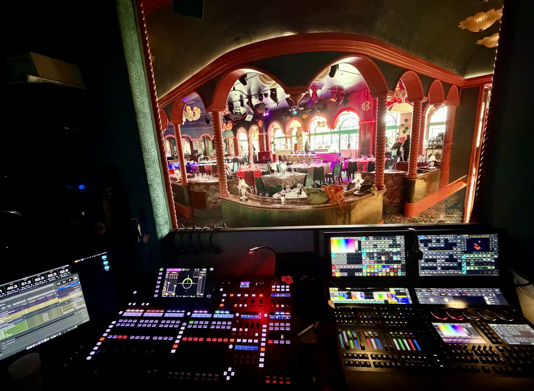 Audio and lighting control room overlooking The Mayfair restaurant at Bellagio