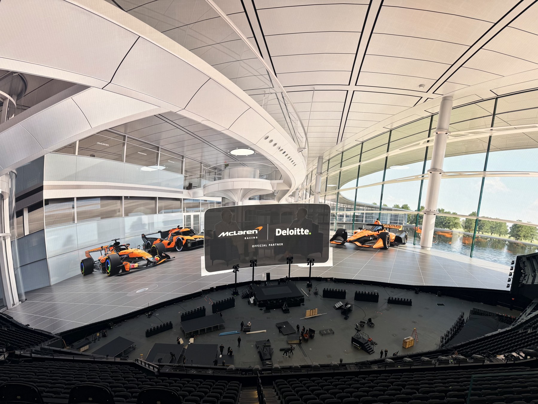 Deloitte and McLaren event setup inside Sphere, viewed from a skybox